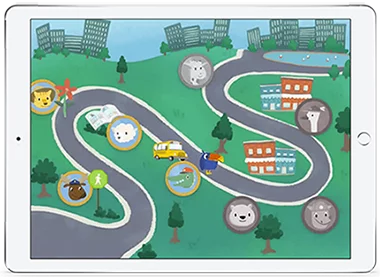 Imagem mostra caminho colorido com diversos animais, uma das etapas do aplicativo que ajuda a identificar crianças em risco de desenvolverem dificuldades de aprendizagem