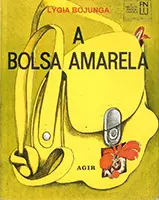 Capa de Bolsa Amarela, livro do universo infantojuvenil, traz uma grande bolsa amarela desenhada.