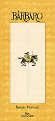 Capa de Bárbaro, livro do universo infantojuvenil, traz um guerreiro empunhando uma espada em cima de um cavalo, em um formato retangular.